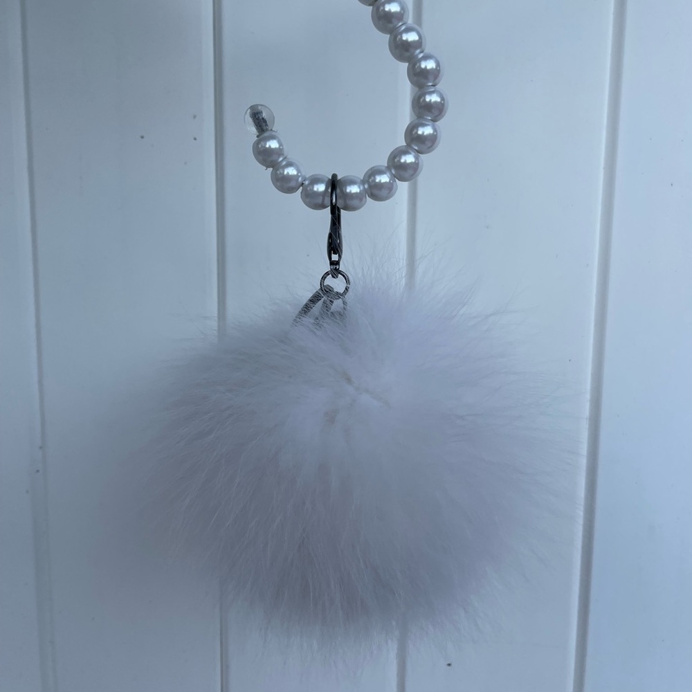 White Adrienne Landau fur pompom keychain